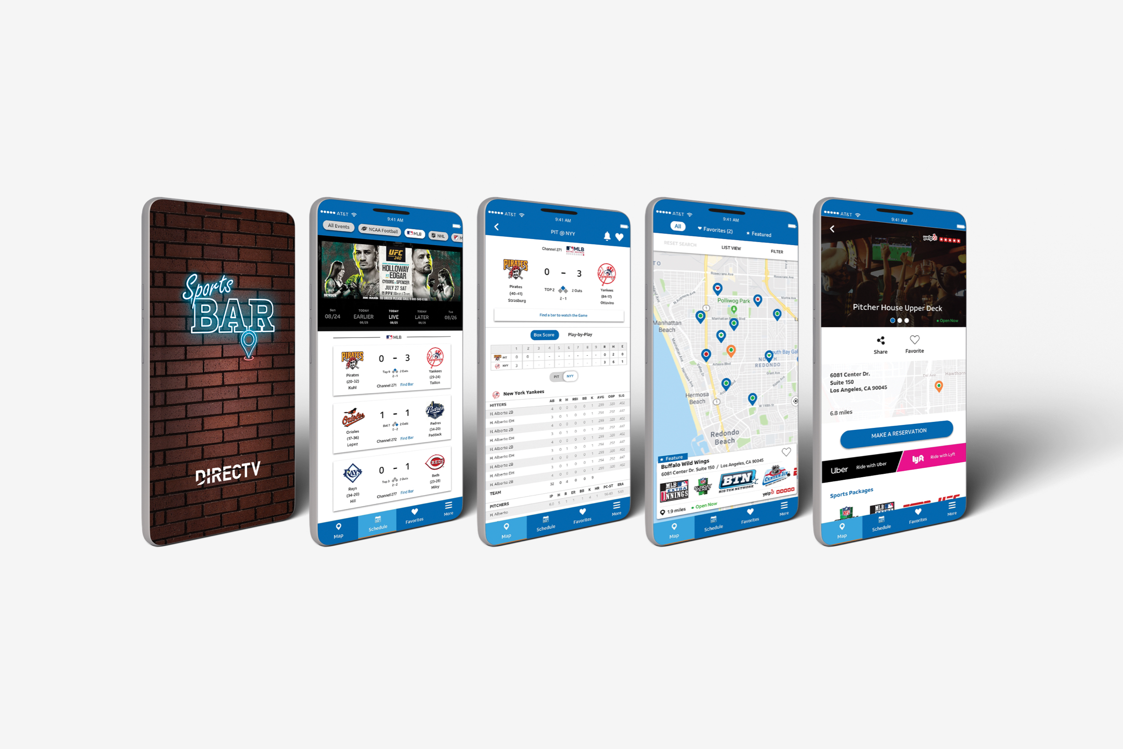 Closeup of several phones with the DirecTV Bar Finder app open.