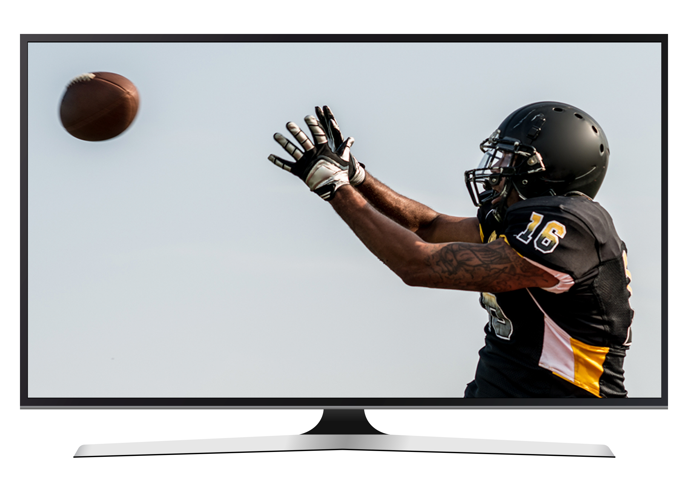 A television screen shows a professional football player jumping to catch a football.