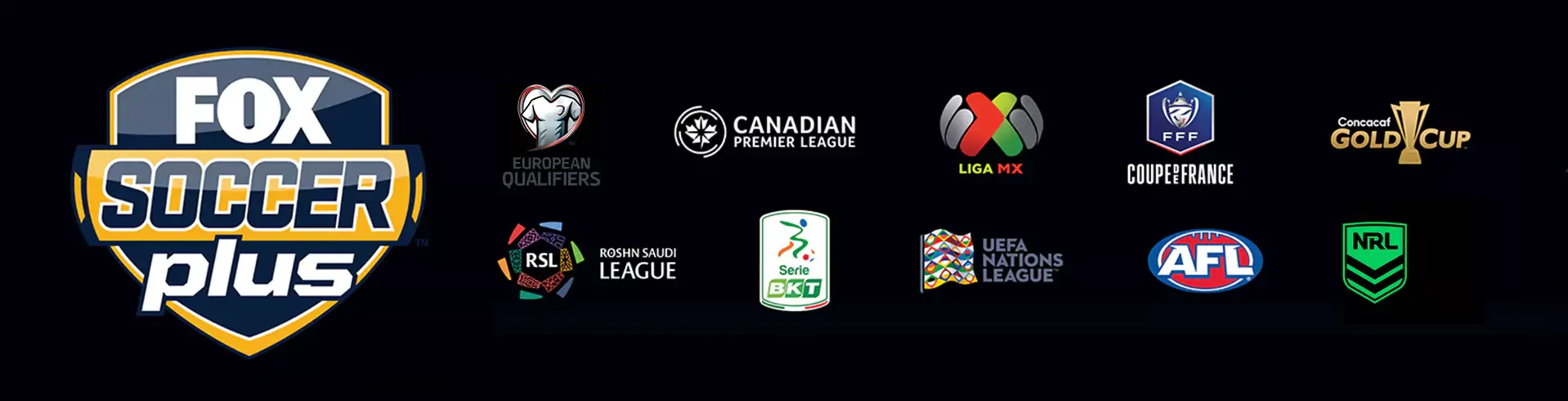 FOX Soccer Plus and group of professional soccer league logos.