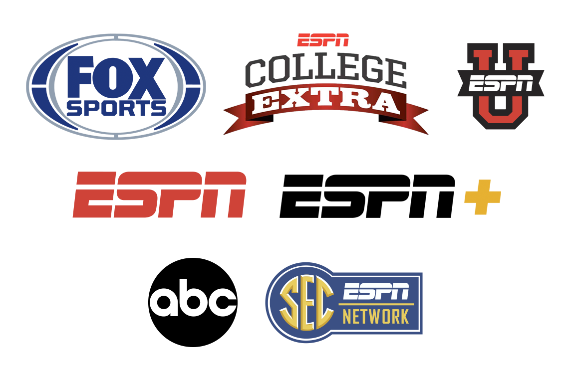 Logos for Fox Sports, ESPN College Extra, USPN U, ESPN, ESPN+, ABC and SEC network.
